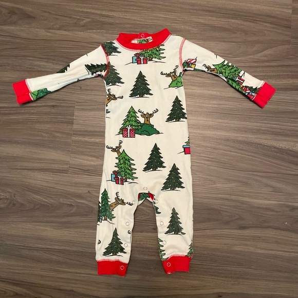 Lazy One Red and Green Kids One Piece Footie with reindeer no peeking size 12M - Picture 3 of 5